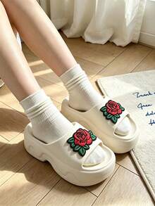 Women's Rose Embroidered Platform Slippers, EVA Platform Slides, Open-Toe Comfort Sandals, Y2K Style Indoor & Outdoor Dual-Use Footwear - White - View 2