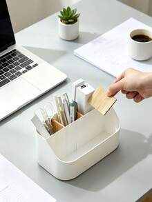 1pc Squishy‑Texture Desktop Storage Box, Solid Plain Color, Multi‑Grid Partition, Minimalist Modern Style, Back To School, Autumn‑Winter Daily Use, Women Students, Bedroom Vanity, Office Desk, Dorm, Organize Cosmetics, Statio - Multicolor - View 10