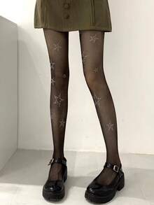 Fashion Rhinestone Star Decor Mesh Tights - Black - View 4