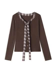 Women's Brown Ribbed Knit Top, Plaid Lace-Up Front, Long Sleeve Button Shirt, Autumn Essential - Rust Brown - View 4