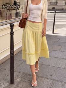 Women's Summer Casual Yellow High Waist Ruffled Midi Skirt, Button Detail Tiered Flowy Skirt - Yellow - View 9