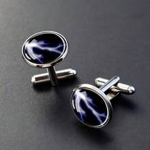 1 Pair Cufflinks Glass Inlay Lightning Storm Design Men's Formal Jewelry Gift Elegant Round Top Decorative Shirt Accessory - Silver - View 6