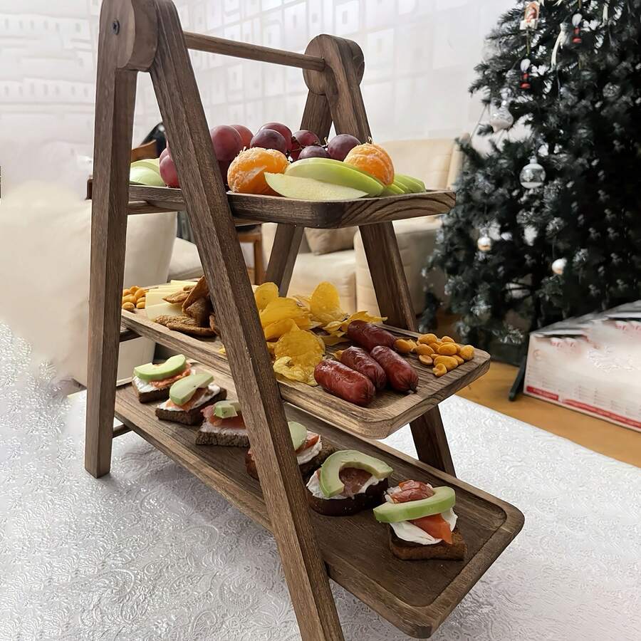 1pc 3-Tier Wooden Serving Tray, Rosewood Hardwood, No Power Required, Kitchen Storage Rack, Suitable For Home, Hotel, Restaurant Buffet Display