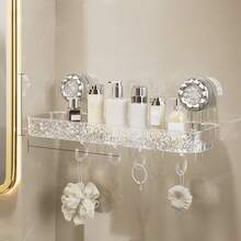 1 pieza Estante de baño rectangular con ventosa, organizador de baño transparente montado en la pared sin taladro, gran capacidad con ganchos, drenaje rápido, a prueba de humedad, ideal para baño, lavabo, caja de almacenamiento de cocina - Multicolor - Ver 10