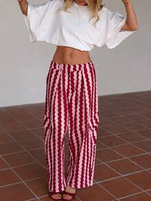New Fashion Elegant Striped Colorblock Vacation Beach Casual Long Pants For Women, All Seasons - Pink Stripes - View 3