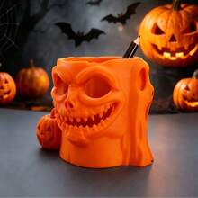 3D Printed Solid PLA Funny Skull Pumpkin Pen Holder, Spooky Halloween Ghost Style Desktop Storage Ornament, Multi-Functional Desktop Stationery Storage Container, Used For Home, Office Desktop Holiday Decor Room Decor Home Decor Halloween Decor - A - View 3