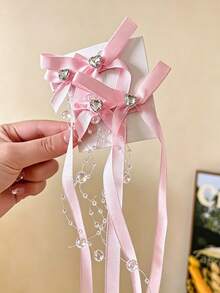 1 Pair Gentle Ins Style Sweet Satin Bow Tassel Hair Accessories, Suitable For Children, Heart Decoration Transparent Bead Ribbon, Side Clip Double Ponytail Back Head Hair Ornament, Daily/Party/Photography Multi-Purpose Accessory - Multicolor - View 9