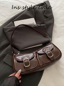 Minimalist Solid Shoulder Bag, Dual Buckle Decor Hobo Purse With Detachable Strap, Portable Daily Shopping Bag For Ladies - Coffee - View 1