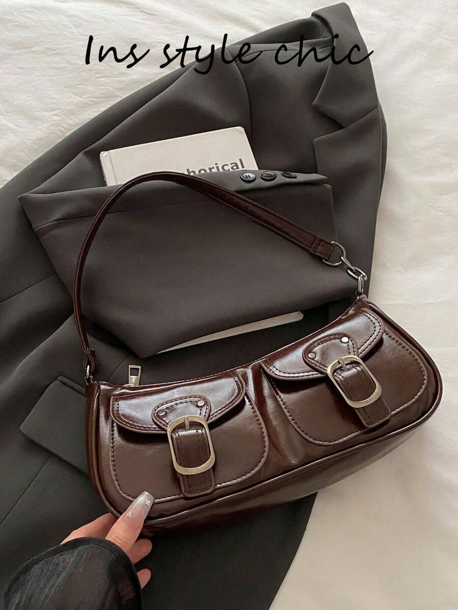 Minimalist Solid Shoulder Bag, Dual Buckle Decor Hobo Purse With Detachable Strap, Portable Daily Shopping Bag For Ladies - Coffee - View 1