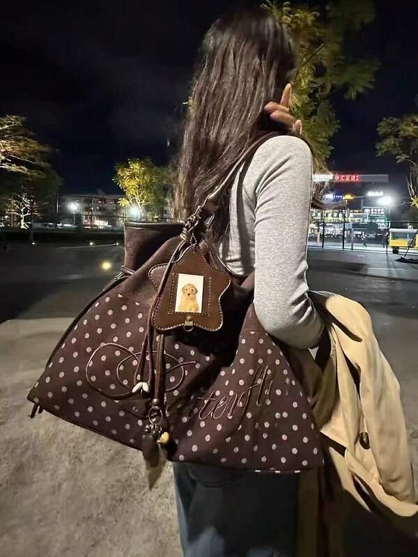 Bolso de mano con lunares bordados, estilo dulce y fresco Y2K, bolso de hombro de gran capacidad para ir al trabajo, sin colgante, sin colgante