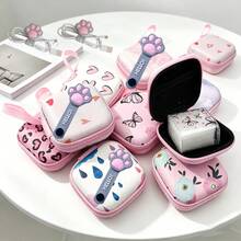 2pcs/Set Pastel Print Mini Data Cable & Earphone Storage Bag With Cat Paw Cable Organizer, Hard Shell Anti-Collision Interior With Mesh Divider, Stores Earphones, Data Cables, Chargers And Other Digital Accessories, Comes With Hanging Strap For Backpack, Convenient For School And Travel - Multicolor - View 9