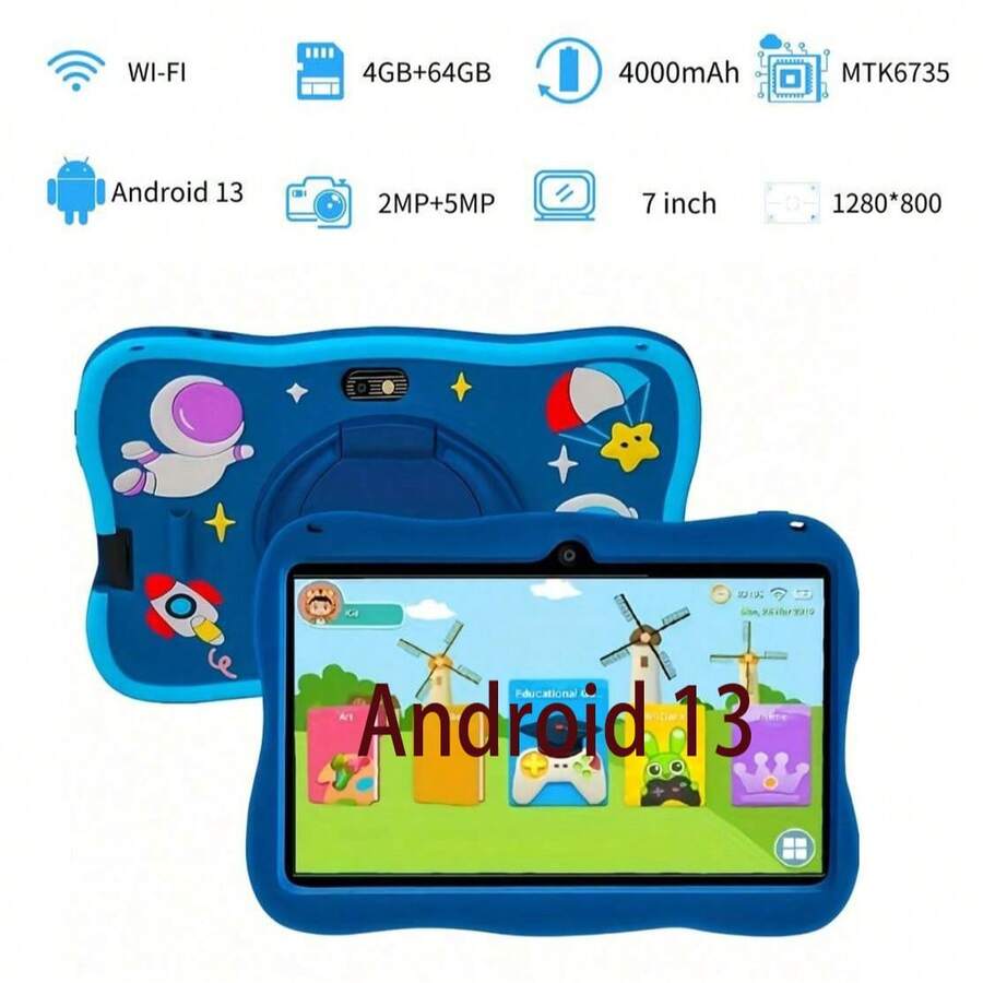 yesido 4GB RAM + 64GB ROM / 7-Inch Tablet / Quad-Core 1.3GHz / Android 13 MTK8321 / 1280x800 HD IPS Display / 2MP+5MP Camera / 4000mAh Battery / WiFi, Parental Control, Education, Games / ABS Plastic + Silicone, Educational Tablet