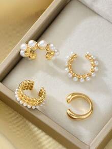 4PCS French Vintage Style Metal Faux Pearl Mixed Ear Clips, No Piercing Adjustable Ear Clips, Multi-Layer Stackable Ear Cartilage Clips, Versatile Personalized Ear Cuff For Daily Wear - Gold - View 4