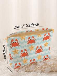 1pc Portable Cosmetic Storage Bag With Ocean Element Crab Pattern, Double-Sided Print Travel Zipper Makeup Bag, Multi-Function Toiletries Organizer - Multicolor - View 3