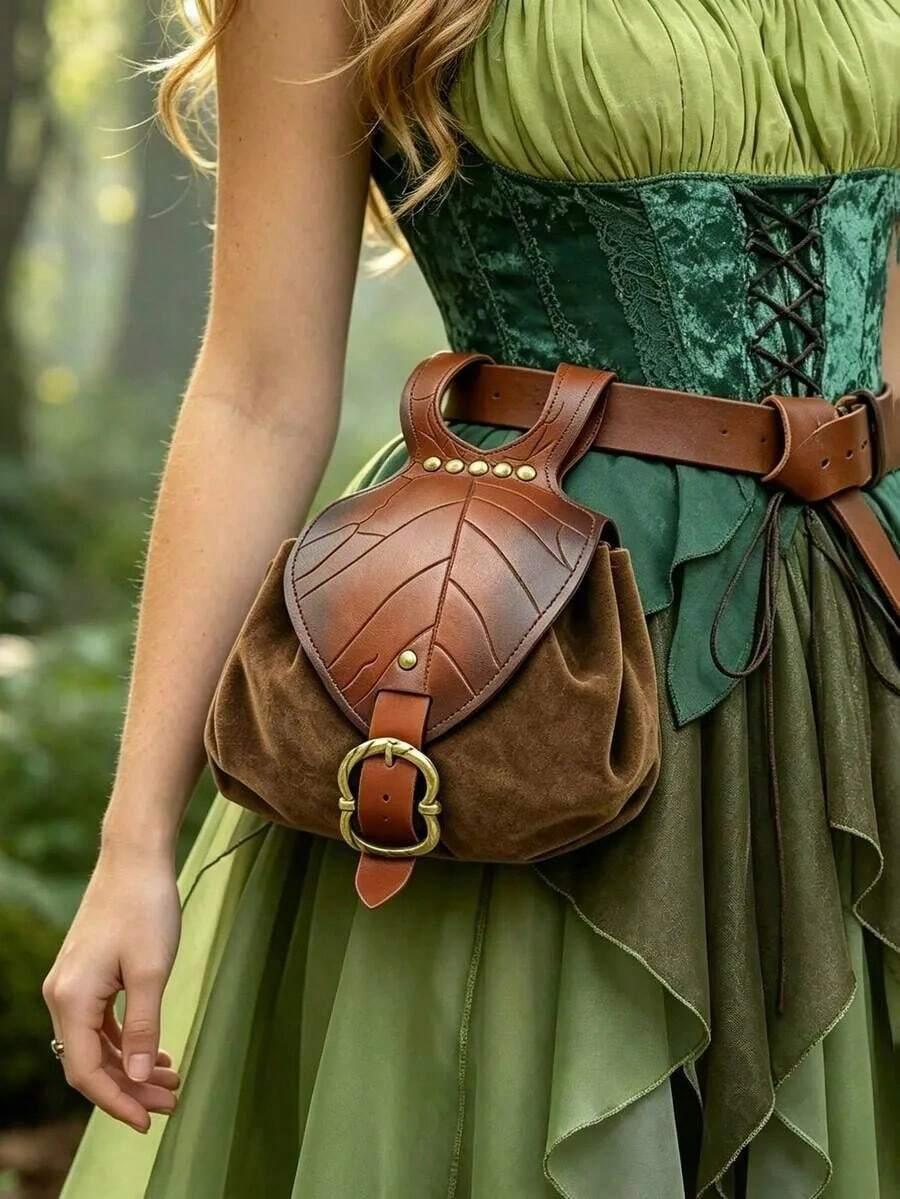 Random Color1PC Medieval Leaf Embossed PU Leather Waist Pouch, Vintage Renaissance Faire Fanny Pack, Elf Cosplay Hip Belt Bag For Women - Multicolor - View 1