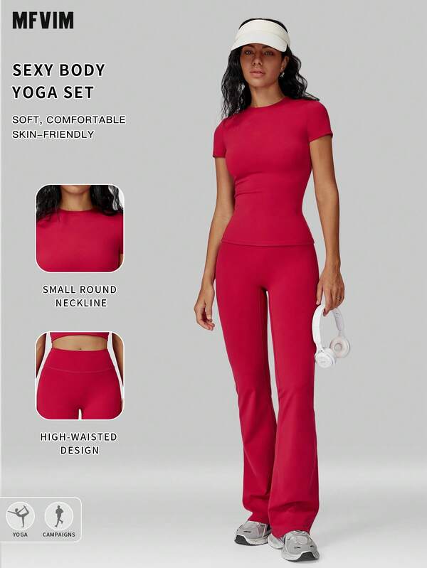 MFVIM Women 2pcs Solid Color Slim Fit Short Sleeve T-Shirt And High Waist Flare Pants, Casual Outdoor Sports Fitness Set