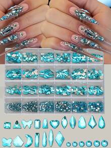 24-Grid Mixed Flat Back Rhinestone Set, Lake Blue Round Diamond And Crystal Rhinestone Nail Art Decoration, Multiple Shapes, Suitable For Women And Girls, DIY Nail Art Set, Includes Bright Colored Rhinestones - Blue - View 1