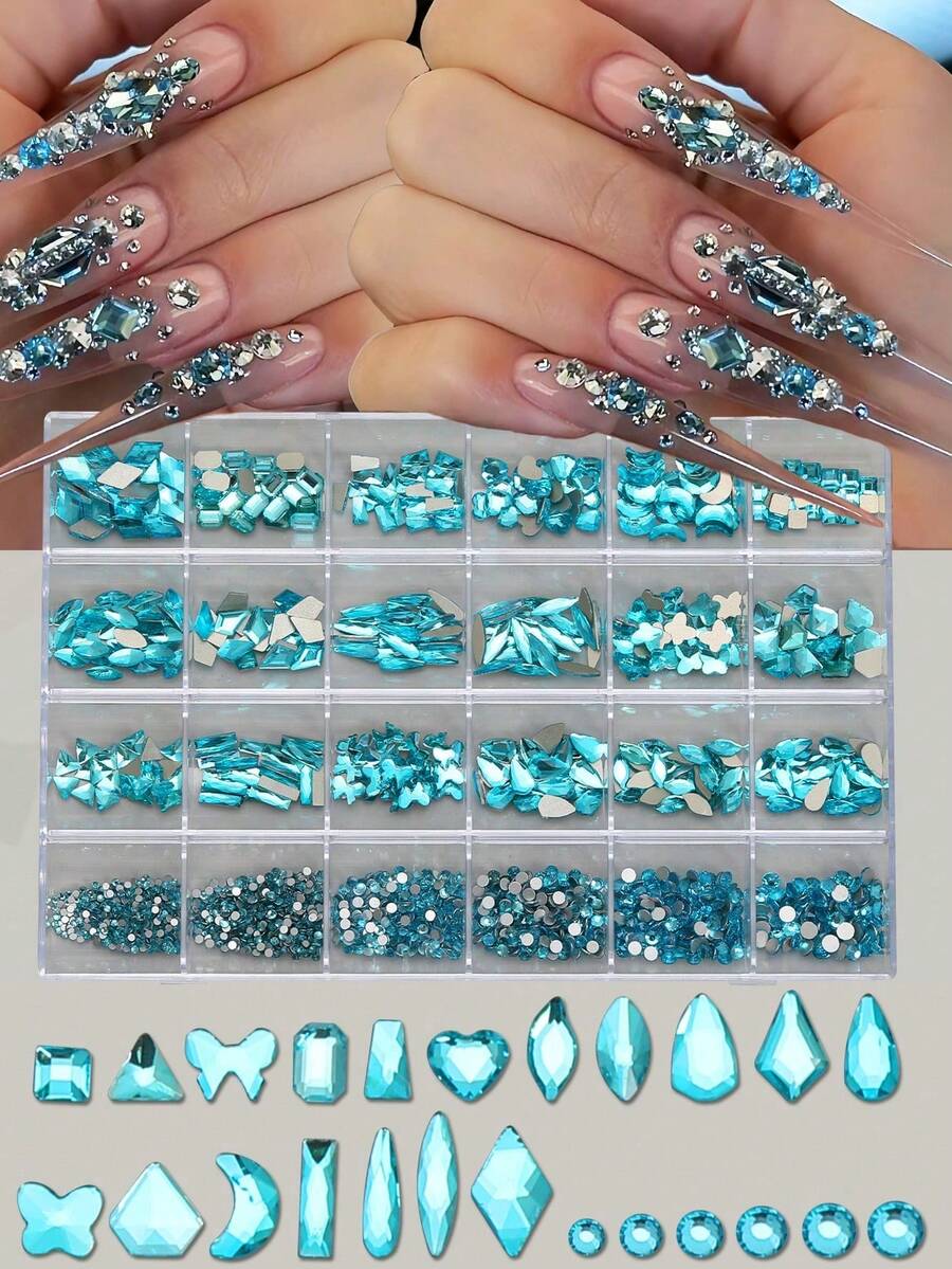 24-Grid Mixed Flat Back Rhinestone Set, Lake Blue Round Diamond And Crystal Rhinestone Nail Art Decoration, Multiple Shapes, Suitable For Women And Girls, DIY Nail Art Set, Includes Bright Colored Rhinestones - Blue - View 1