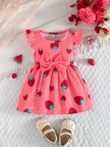 2 piezas/Set Bebé Cuello Redondo Manga Volante Estampado de Mariposa & unicolor Punto Acanalado Minimalista Lindo Primavera/Verano - Rosado Sandía - Ver 6