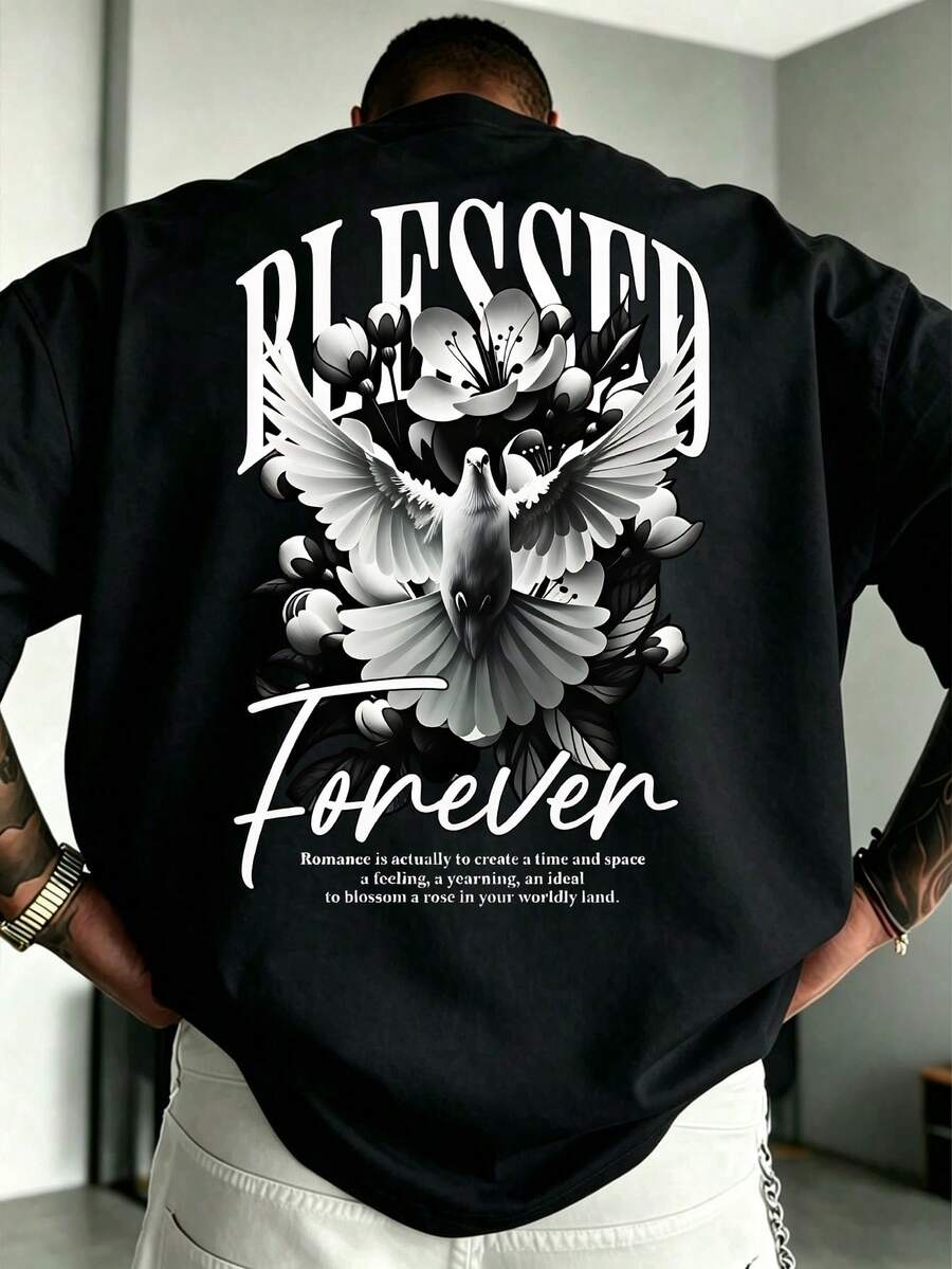 男士復古「BLESSED Forever」圖案印花圓領T恤,休閒短袖時尚百搭上衣 - 黑色 - 查看 1