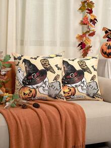1pc Black Halloween Skull Print Pillowcase, Holiday Decorative Square Cushion Cover, Cute Cartoon Skull Bat Spider Web Pattern Design, Suitable For Autumn Festival Party Occasions Decorative Cushion Cover, Indoor Window Sill Patio Party Seasonal Decoration, No Filling Included - Multicolor - View 8