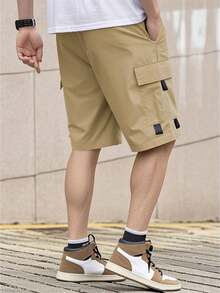 夏季輕量男士街頭風寬鬆工裝短褲 素色抽繩彈性腰休閒運動短褲 - 卡其色 - 查看 2