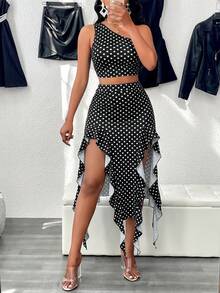 Amarilo Women's Sexy One-Shoulder Ruched Top And Ruffle Slit Thigh Skirt Set - Black Background With White Dots - View 6