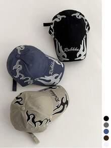 1pc Soft Top Distressed Camo Hip Hop Long Brim Baseball Cap For Women, American Vintage Letter Leopard Print Peaked Hat, Cool Y2K Street Face-Slimming Sun Protection Hat, Versatile Summer Baseball Cap - Rubkke Flame - View 2