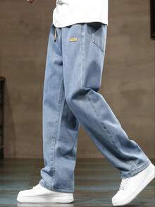 Pantalones vaqueros informales lavados para hombre con cordón y cintura elástica para uso diario - Azul - Ver 6