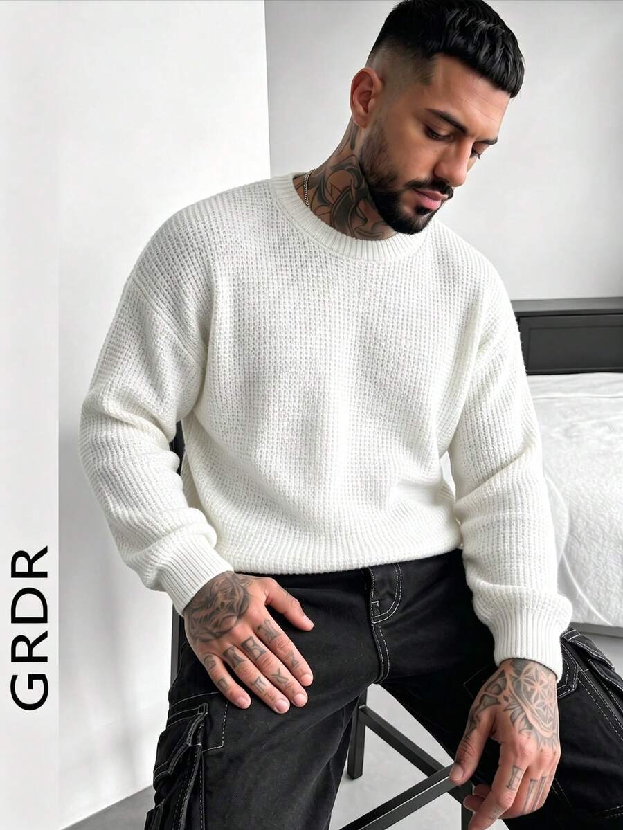 Suéter de cuello redondo de manga larga con tejido jacquard casual para hombre GRDR - Blanco - Ver 1