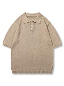 Men's Neutral Polo Collar Knit Sweater, Daily Commute Casual Versatile Solid Color Old Money Business Loose Short Sleeve Knit Top, Spring/Summer - Khaki - View 3