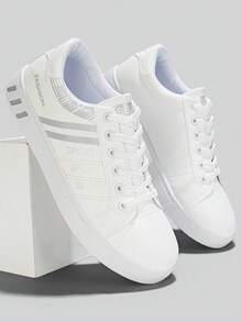 Flipark Men's Striped Lace-Up Skateboard Shoes - Durable PU Leather Upper, Breathable Fabric Lining, Cloth Insole, Non-Slip PVC Sole, Round Toe Design, Suitable For Outdoor Casual Wear In Spring, Summer, Autumn, Winter - Silver - View 2