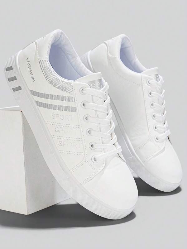Flipark Men's Striped Lace-Up Skateboard Shoes - Durable PU Leather Upper, Breathable Fabric Lining, Cloth Insole, Non-Slip PVC Sole, Round Toe Design, Suitable For Outdoor Casual Wear In Spring, Summer, Autumn, Winter