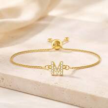 1pc New Fashion Letter Pendant Gold Adjustable Square Chain Bracelet For Women - Yellow Gold - View 3