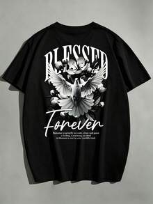 男士復古「BLESSED Forever」圖案印花圓領T恤，休閒短袖時尚百搭上衣 - 黑色 - 查看 5