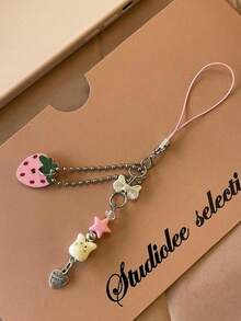 1pc Japanese Healing Strawberry Bunny Handmade Beaded Phone & Key Strap, 3D Bow Star Unique Sweet Accessory, Cute Small Gift For Girls & Best Friends On Birthday & Valentine's Day - Multicolor - View 2