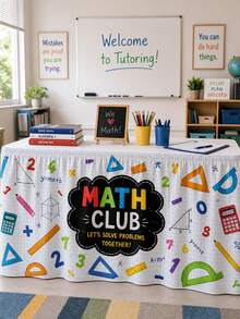 1 pieza Falda de mesa del club de matemáticas de vuelta a la escuela, mantel plisado con patrón de papel cuadriculado, regla numérica, calculadora y geometría, con cierre de gancho y bucle, antiarrugas y lavable, adecuado para escritorio de profesor de aula, actividad educativa, decoración de soporte de exhibición escolar - Multicolor - Ver 5