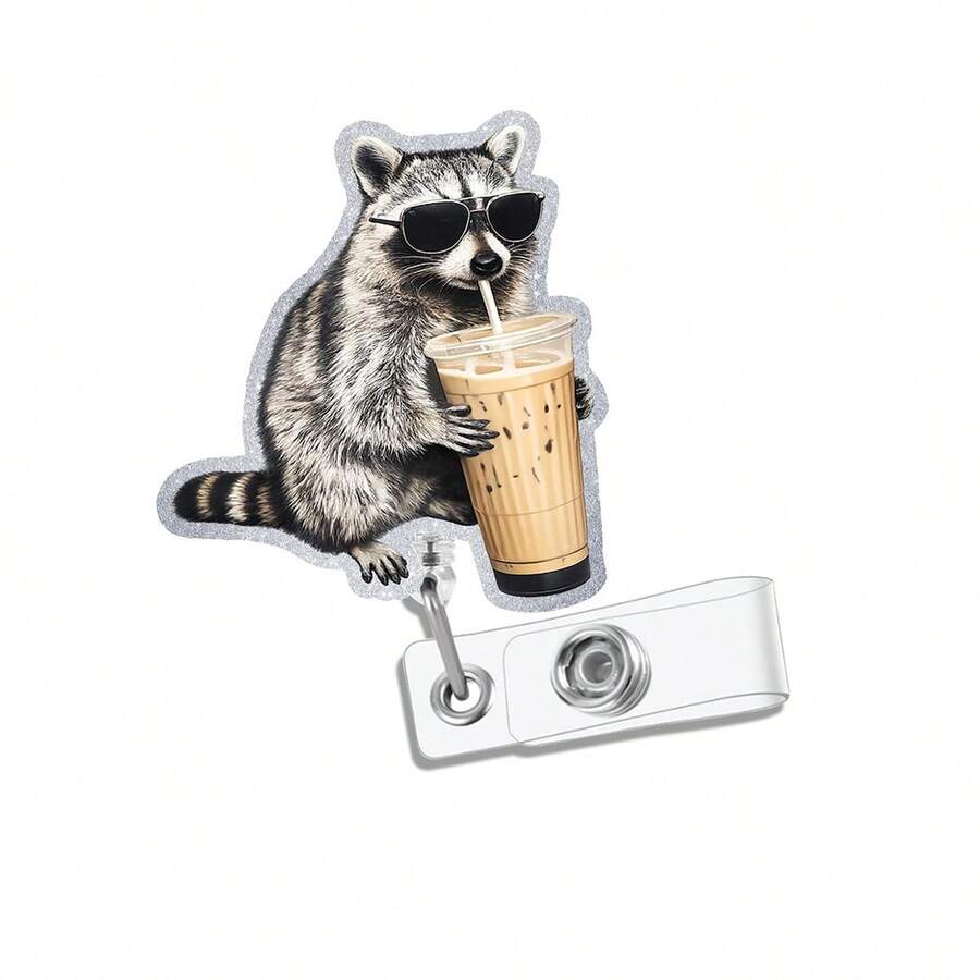 1pc Funny Raccoon Nurse Badge Reel With Iced Coffee, Retractable Badge Holder With 360° Rotating Alligator Clip, Shiny Work ID Badge Accessory For Registered Nurses, LPN, Nursing Assistants, Medical, Social Workers - Versatile - View 1
