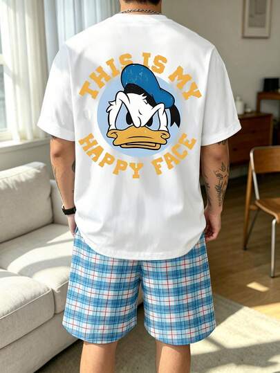 Summer Comfortable Men's 2-Piece Home Set Disney Donald Duck Large Back Graphic White Short Sleeve T-Shirt And Blue Plaid Shorts Casual Wearable Outfit