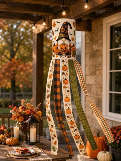 Thanksgiving Autumn Windsock Decoration – Beige, Orange, And Green Polyester Windsock With Long Tails, Featuring Harvest Pumpkins And Plaid Patterns; A Seasonal Hanging Garden Wind Flag Suitable For Porches, Lawns, Patios, And Home Decor.