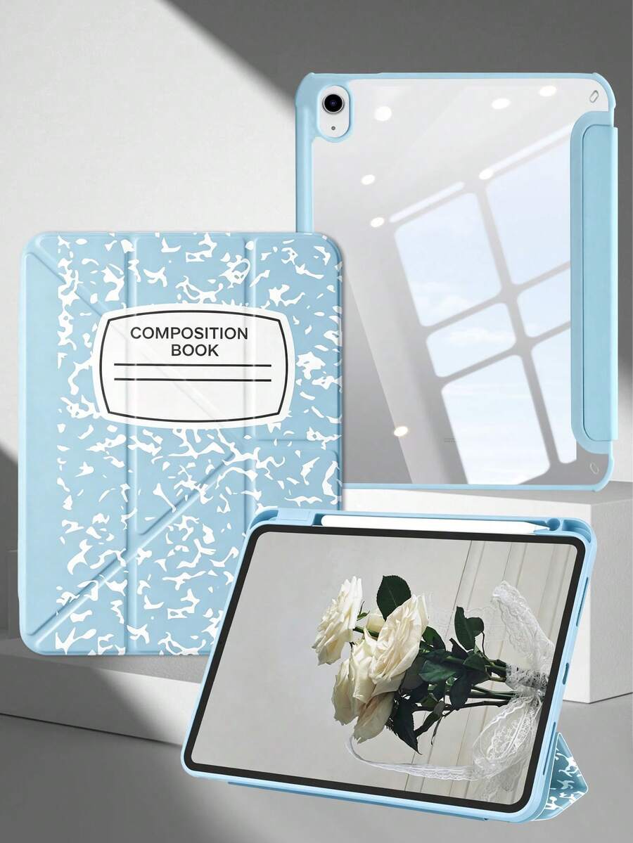 1本筆記本，白色冰藍塗漆平板電腦保護殼，相容於 iPad Mini6/7/Air/Air2/9.7/10.2/10.5/10.9 (Air4-Air8)/Pro 11/10th Gen/A16/Pro 11 2024 機型，可折疊平板保護殼，附壓克力背殼，8角度支架，磁吸休眠/喚醒，內置筆槽，不含筆，部分機型附相機框