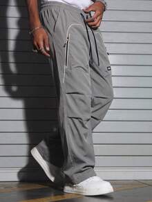 1pc Men's Spring/Autumn Functional Style Casual Pants, Multi-Pocket Loose Straight Leg With Side Zipper And Contrast Color Line, Suitable For Daily Commute And Streetwear - Grey - View 2