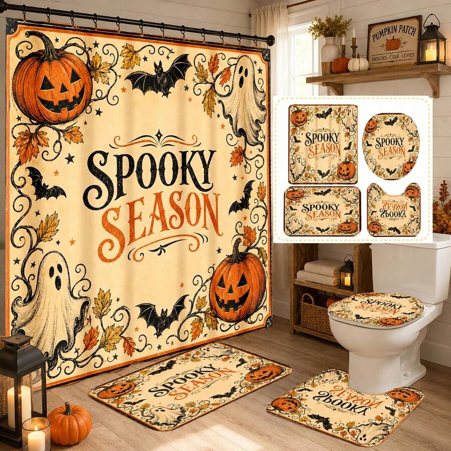 1pc/4pcs Halloween Vintage Beige Ghost Bat Pumpkin Multi-Function Bathroom Decor Shower Curtain Set, Free 12 Hooks, Premium Holiday Atmosphere, Bathroom Mat, U-Shaped Rug And Round Toilet Lid Cover, Suitable For All Scenes Decoration Bathroom Set - Pumpkin Ghost - View 1