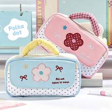 1pc Embroidery Flower Bow Handheld Pencil Case, Polka Dot Splicing Large Capacity Multi-Layer Pen Bag With Handle, Sweet "All We Have Is Now" Letter Print Zipper Stationery Storage Pouch, Portable Student School Supplies Organizer, Back To School - Pencil Case - View 3