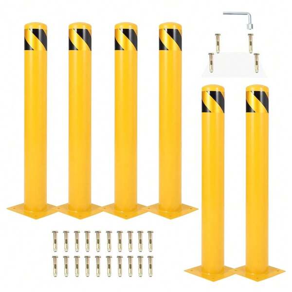 Beaully Lot de 6 poteaux de sécurité en acier 42/48 pouces, diamètre 4,5 pouces, poteaux de stationnement et de trafic robustes avec 24 boulons d'ancrage pour entrepôt et allée
