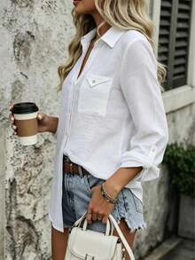 Women's White Long Sleeve Button-Front Polyester Shirt, Casual Regular Length Blouse, Shirt Collar, Suitable For Autumn Daily Wear - White - View 5