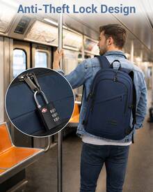 Large Laptop Backpack 15.6 Inch USB Charging Port Anti Theft With Lock Water Resistant Business Travel Rucksack Work Computer Backpack For Men Women School Office Gift Dark Blue - 深藍色 - 查看 3