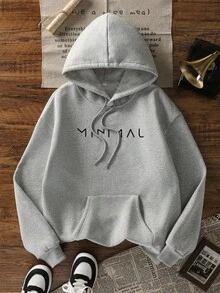 女款秋冬新款極簡字母印花休閒時尚百搭保暖內裡連帽衛衣 - 深花灰 - 查看 7
