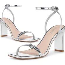 Strappy Women High Heels: 3.4 Inch Sexy Wide Heel Sandals, Square Open Toe Heeled, Comfortable Prom Party Wedding Shoes - 8 + Silver - View 6