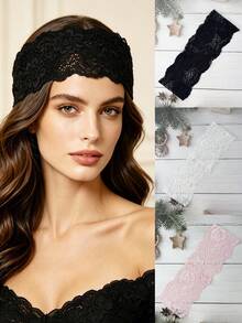 2pcs Women's Solid Color Hollow Lace Headbands, Premium French Vintage Lace Headscarf Fashion Beach Photo Hair Accessory, Women's Headband, Summer Hair Accessory, Casual Headscarf, Daily Hairstyle Decoration Versatile Style - Multicolor - View 5